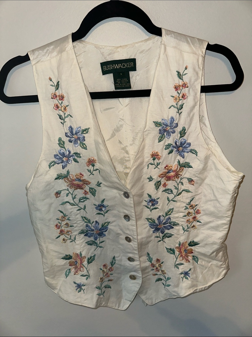 Bushwacker Cream Floral Embroidered Button Vest